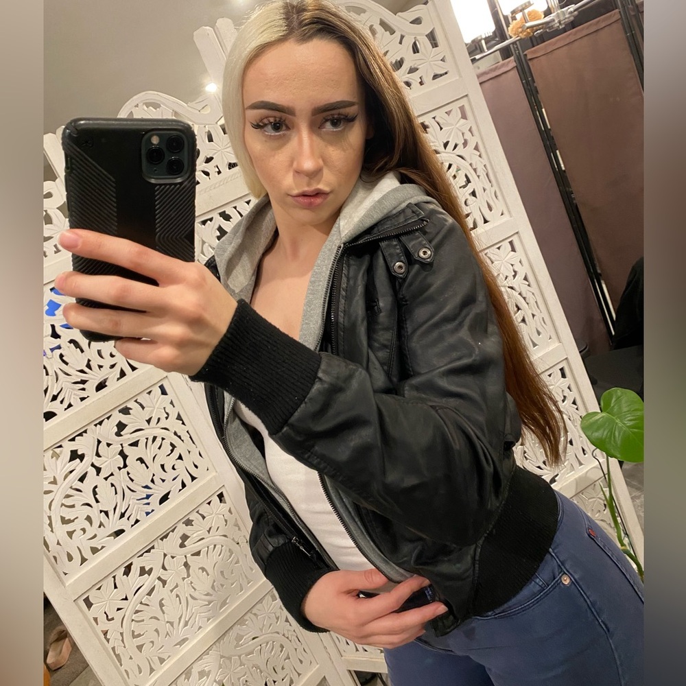 Ci Sono faux Leather Jacket with Gray hoodie accent